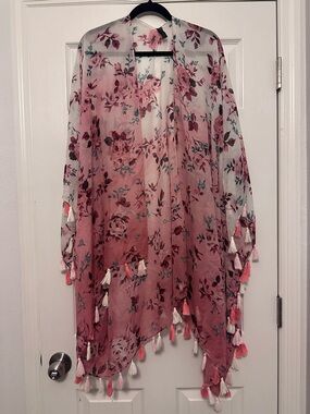 Lane Bryant Floral Sheer Pink and White Kimono with Tassels